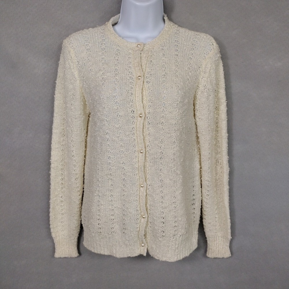 LeRoy Women M Cardigan Ivory Vintage Pearl Button Open Knit Sweater